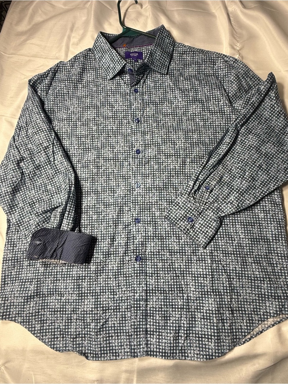 TALLIA Navy and White checkered with floral print button up dress shirt